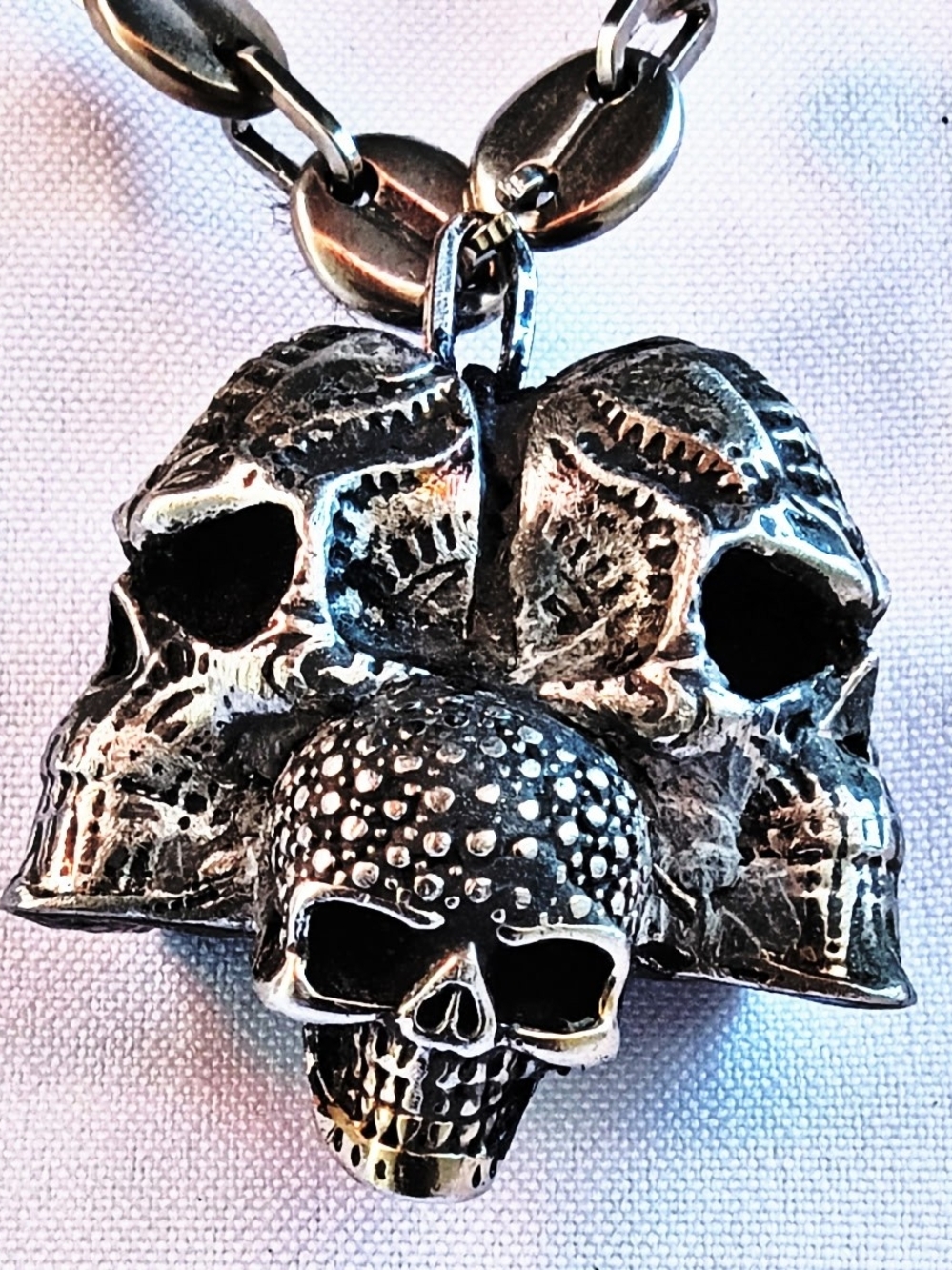 Triple Skull Pendant Necklace - Men's Stainless-Tone Gothic Jewelry